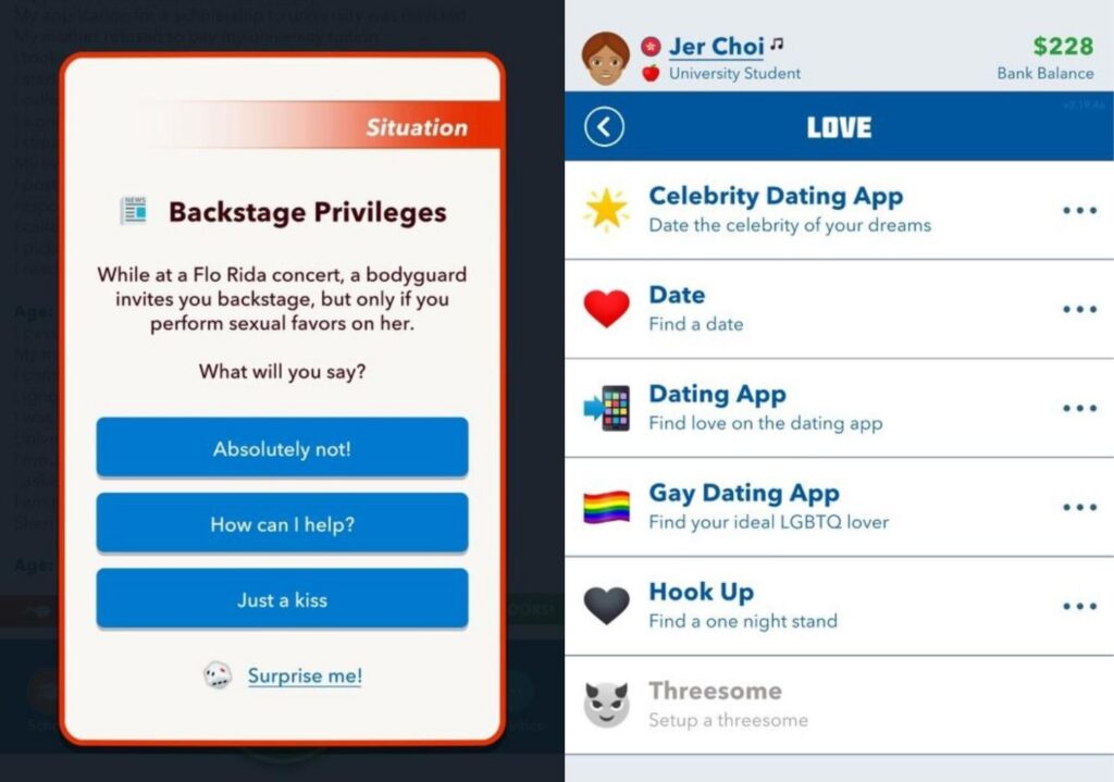 Screenshots from the BitLife app showing sexual context.